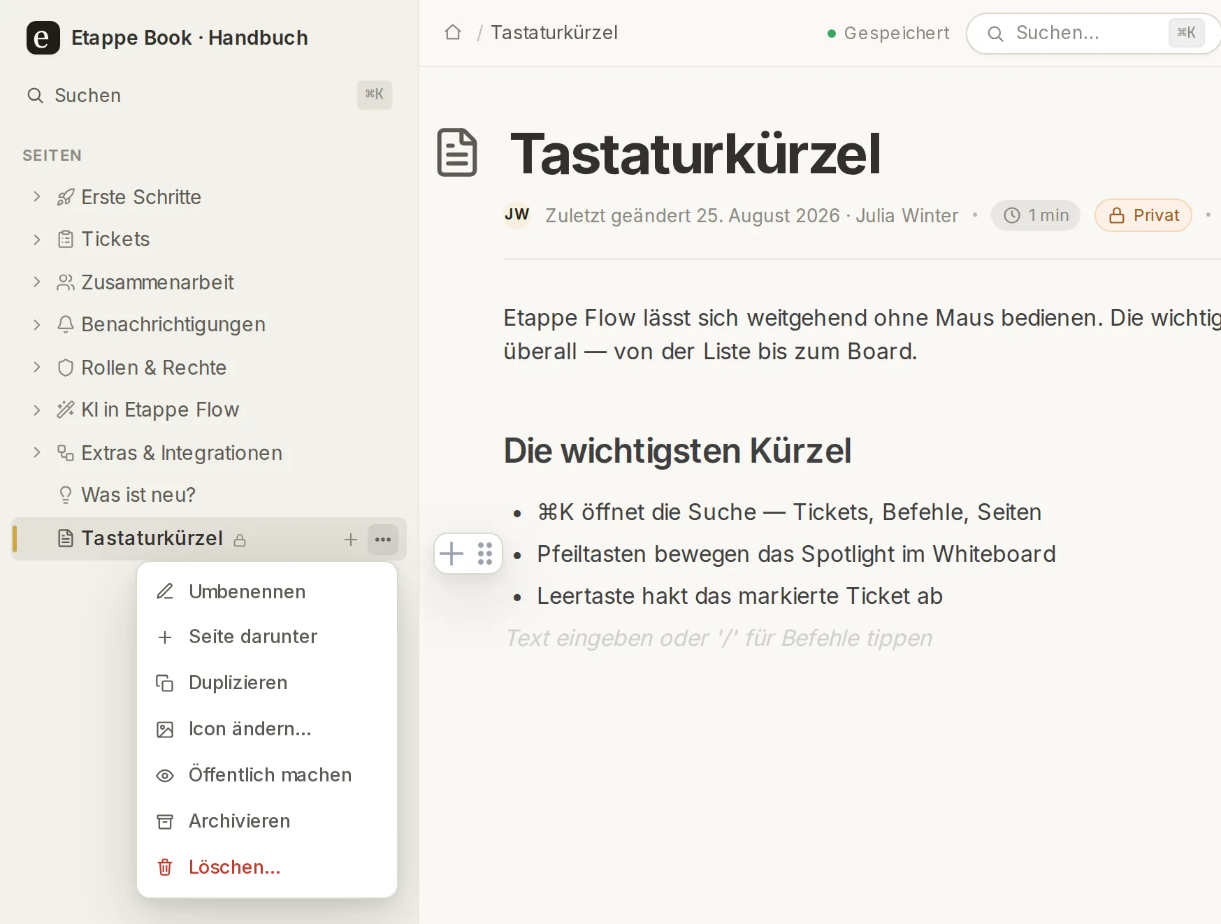 Der Seitenbaum mit einer privaten Seite: Schloss am Knoten, Tag „Privat" am Seitentitel, im aufgeklappten Menü der Punkt „Öffentlich machen".