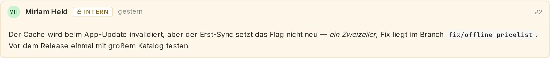 Ein interner Kommentar am Ticket mit Schloss-Symbol und der Kennzeichnung INTERN.